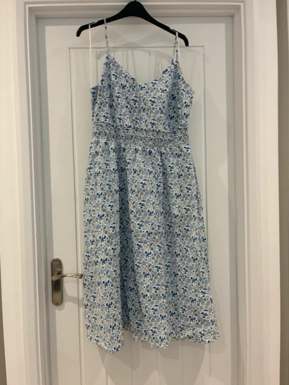 Blue Floral Maxi Dress with Smocked Waist and Spaghetti Straps